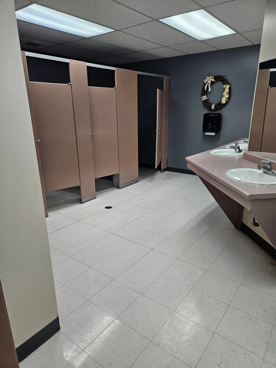Commercial bathroom with pink stall partitions, sinks and hard flooring